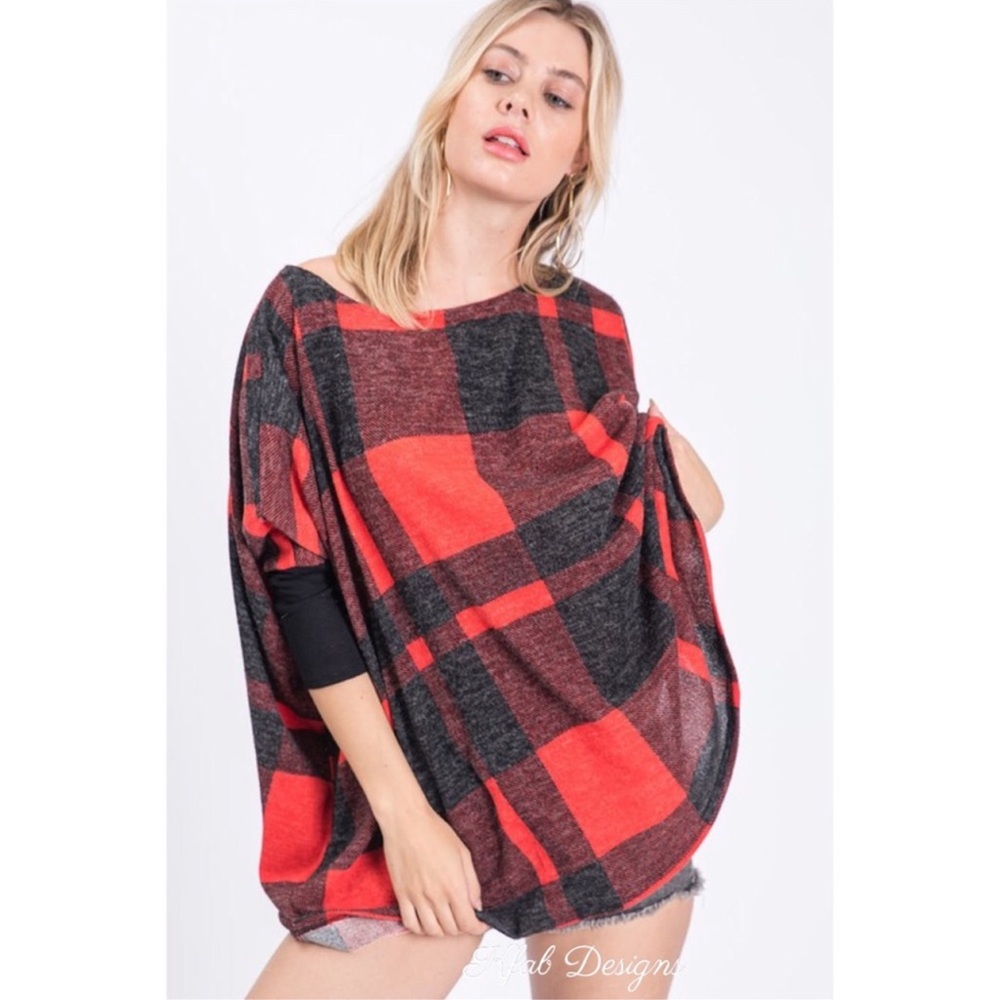 Relaxed Fit Plaid Print Soft Knit Top In Black And Red - Picture 8 of 10